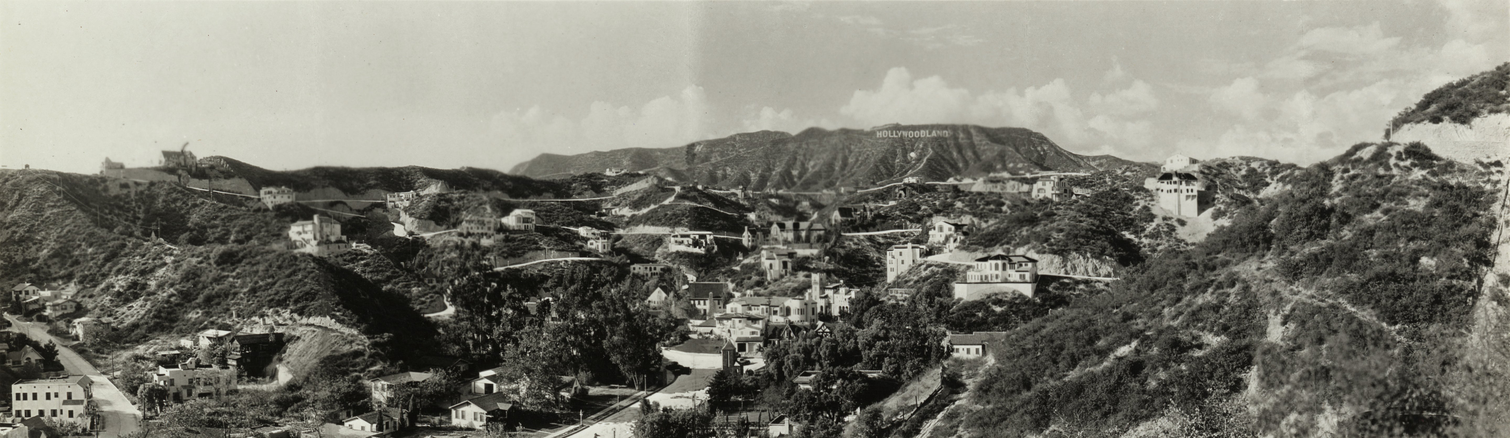 Panoramic view of Hollywood, Los Angeles, c.1928, looking north with Hollywoodland sign visible in the hills.