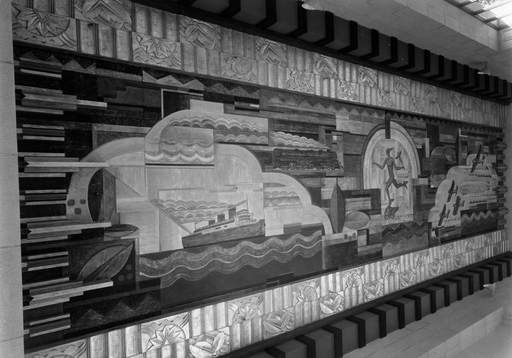 Ceiling mural at Bullock's Wilshire building, circa 1923, featuring modernist and Art Deco styles with depictions of travel.