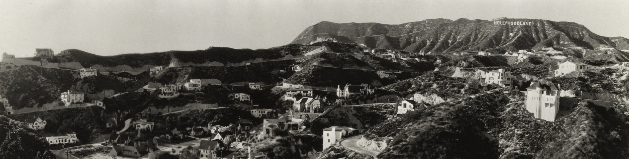 Panoramic view of Hollywood, Los Angeles, c.1928, looking north with Hollywoodland sign visible in the hills.
