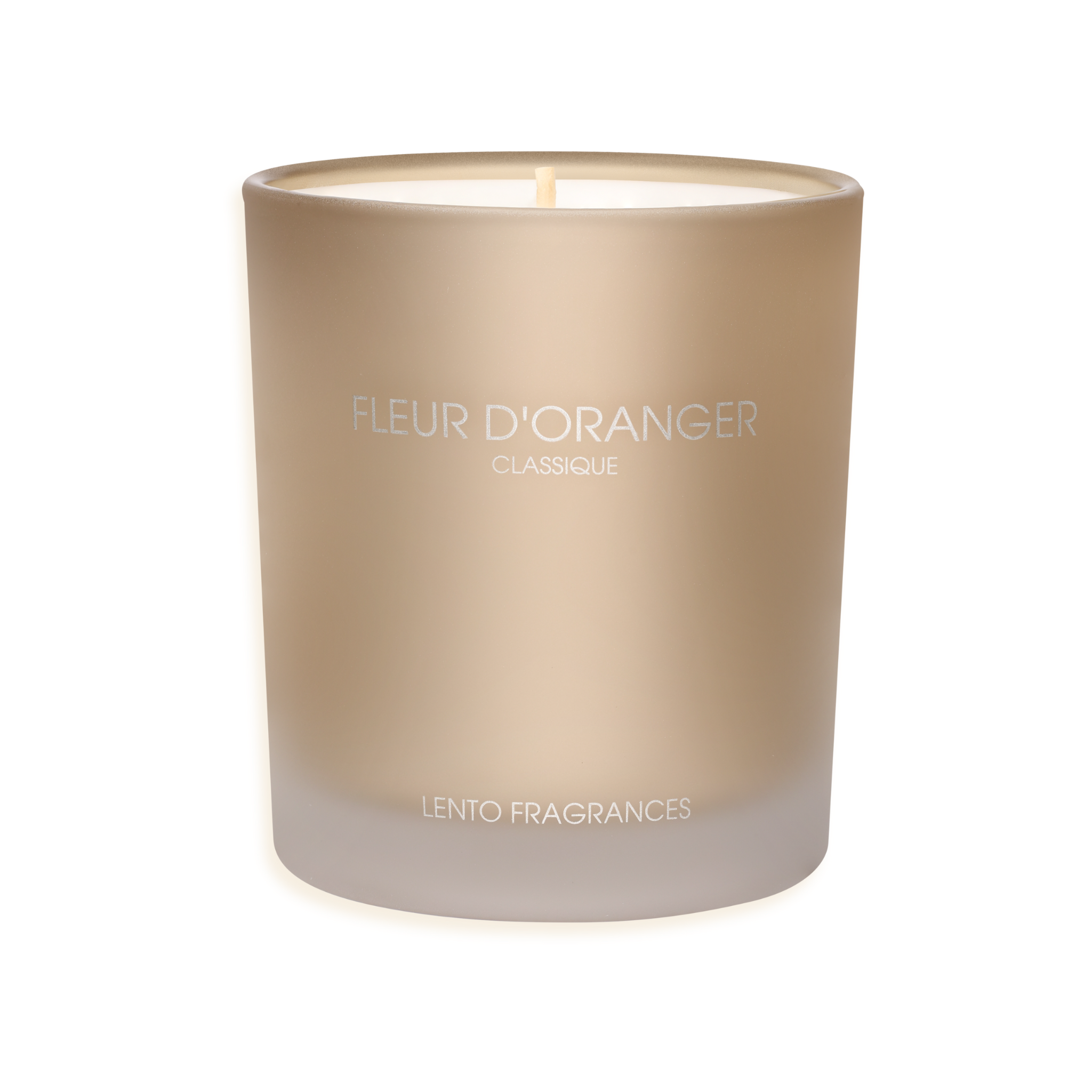 Luxury candle by LENTO FRAGRANCES — FLEUR D’ORANGER CLASSIQUE, Hollywood’s Golden Age Collection, Golden Palomino matte glass vessel.