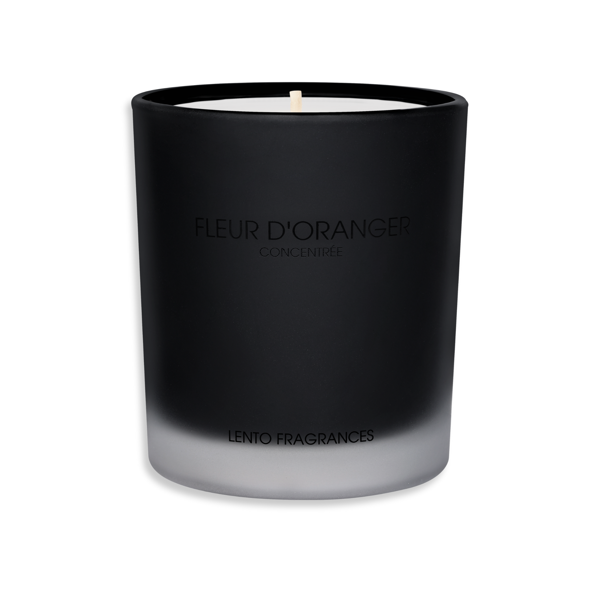 Luxury candle by LENTO FRAGRANCES — FLEUR D’ORANGER CONCENTRÉE, Hollywood’s Golden Age Collection, Black Sable matte glass vessel.