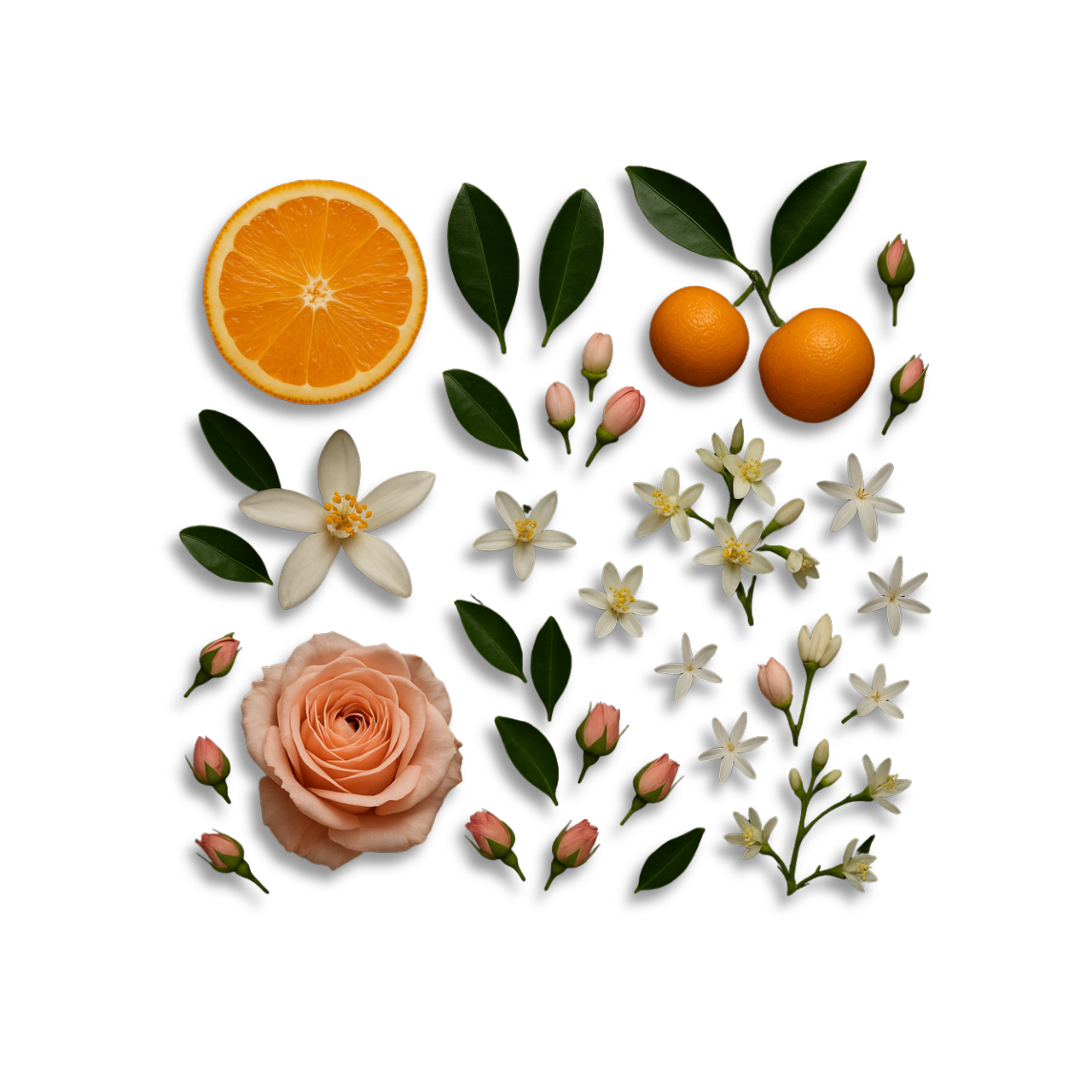 Ingredients of FLEUR D’ORANGER by LENTO FRAGRANCES — orange, petitgrain, bitter orange, orange flower, jasmine, rose, and neroli.