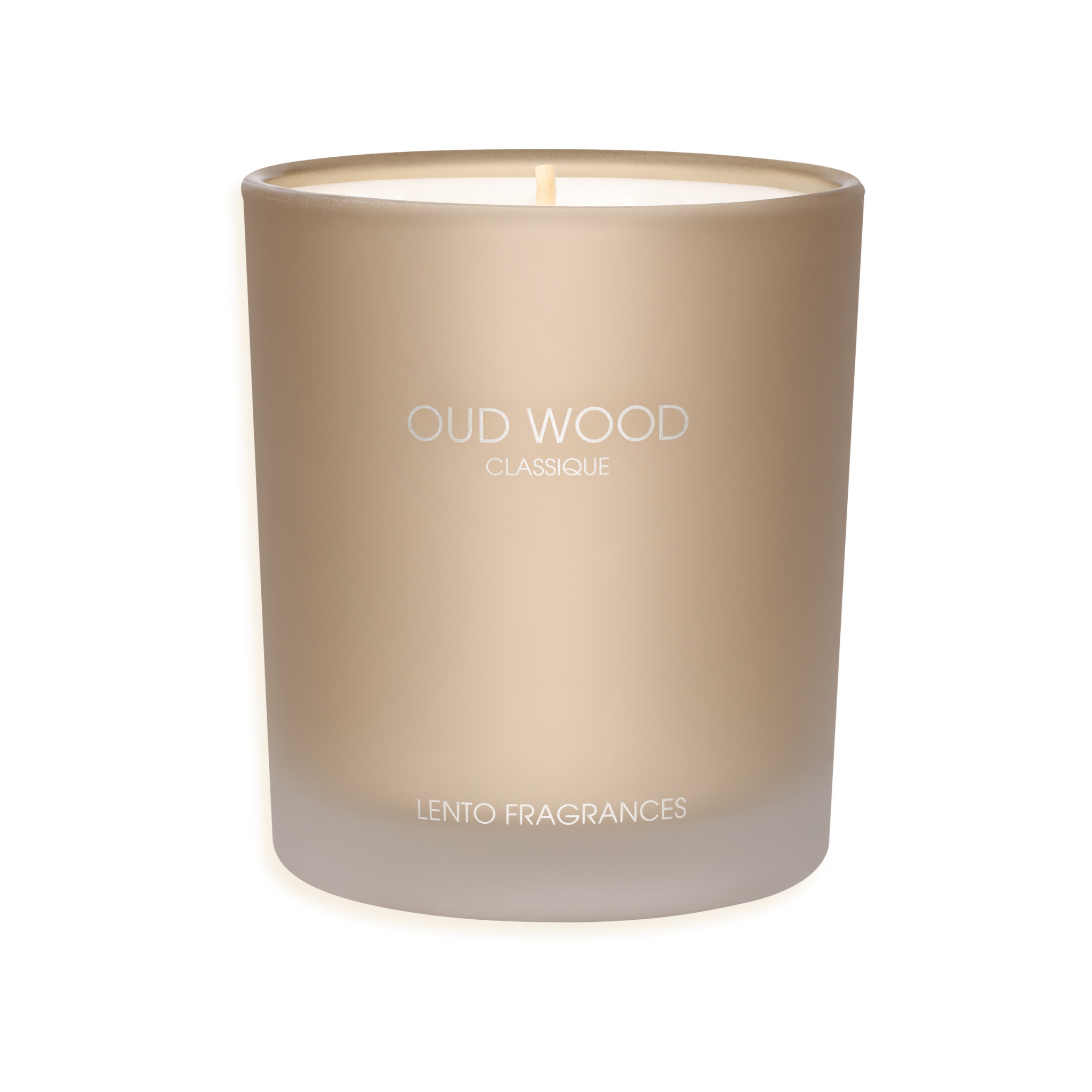 Luxury candle by LENTO FRAGRANCES — OUD WOOD CLASSIQUE, Hollywood’s Golden Age Collection, Golden Palomino matte glass vessel.