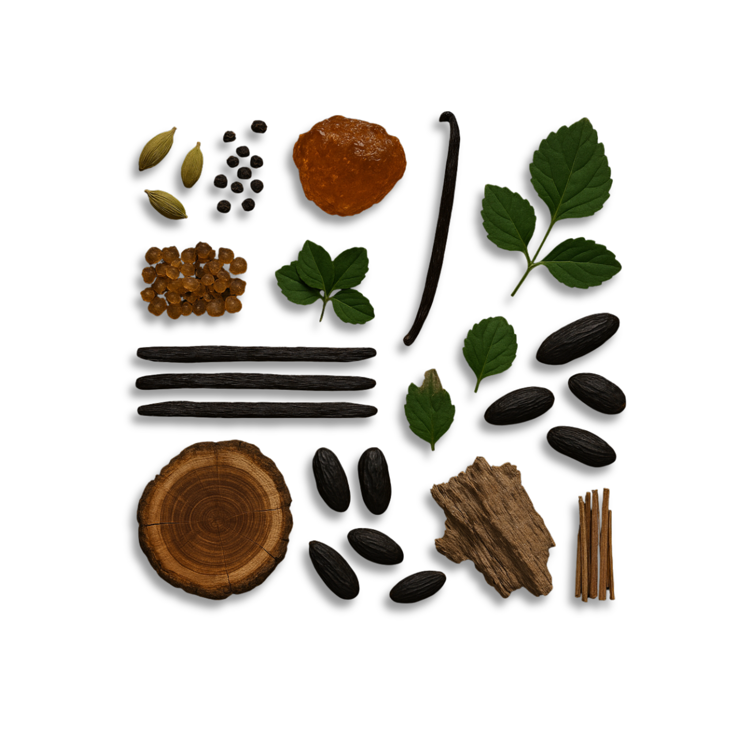 Ingredients of OUD WOOD by LENTO FRAGRANCES — cardamom, black pepper, amber, vanilla, patchouli, guaiac wood, tonka bean, and cedar.