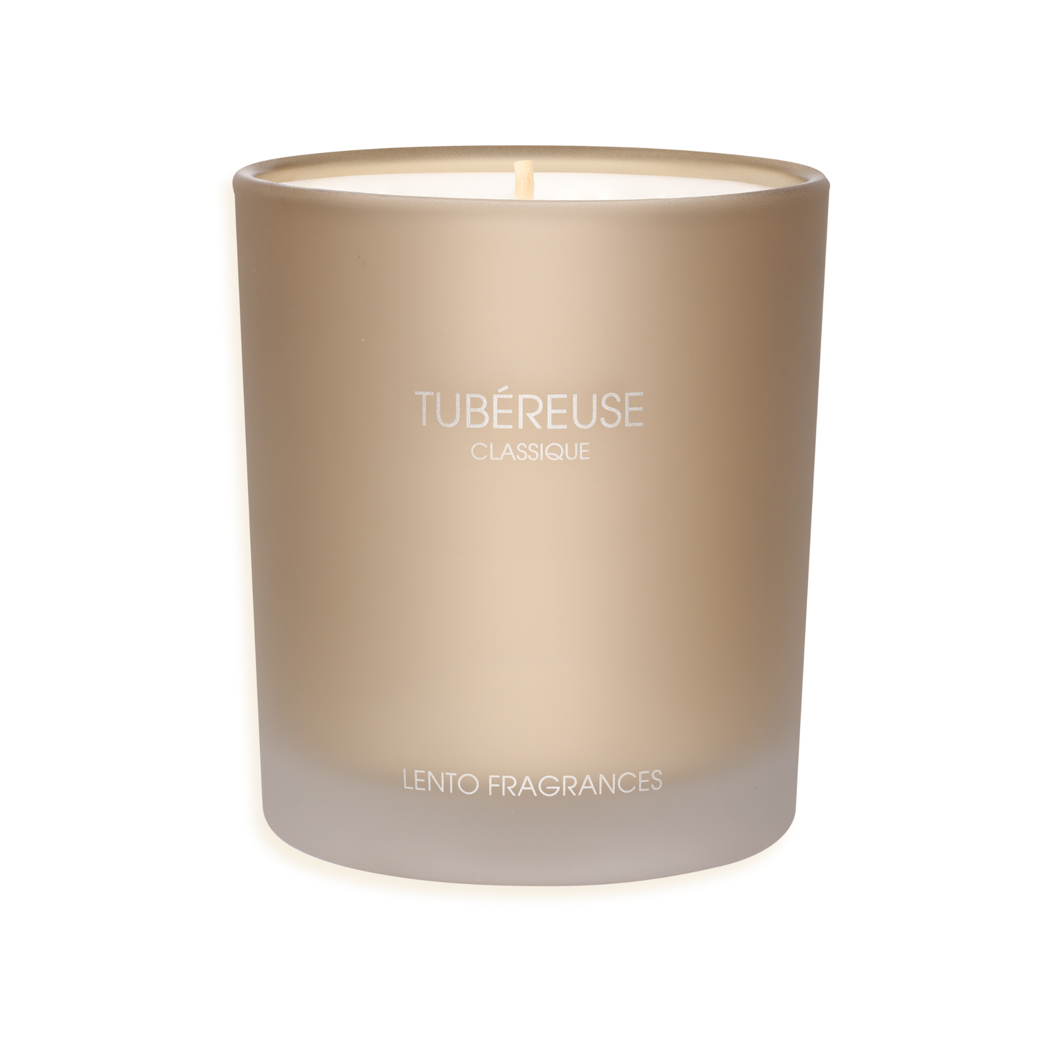 Luxury candle by LENTO FRAGRANCES — TUBÉREUSE CLASSIQUE, Hollywood’s Golden Age Collection, Golden Palomino matte glass vessel.
