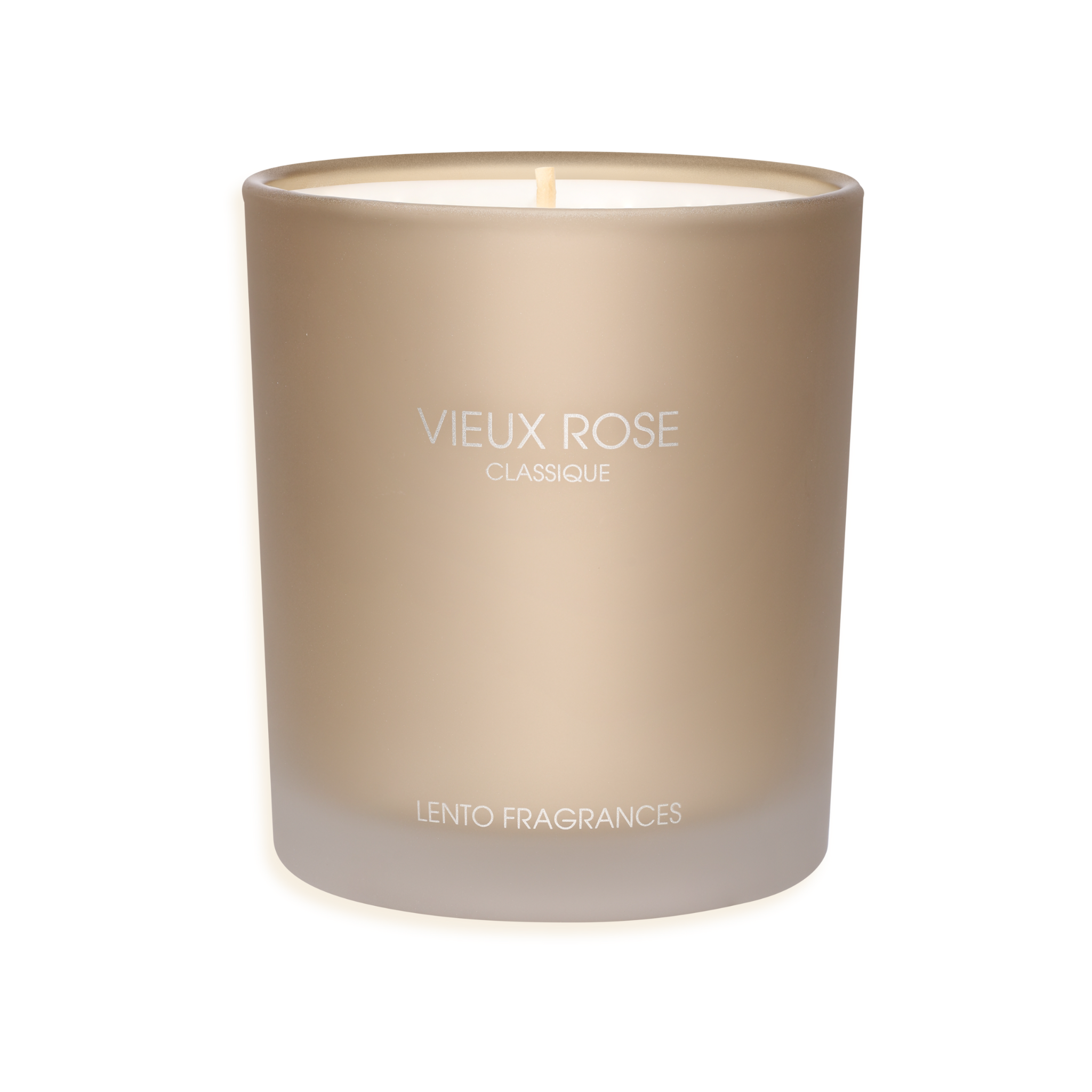 Luxury candle by LENTO FRAGRANCES — VIEUX ROSE CLASSIQUE, Hollywood’s Golden Age Collection, Golden Palomino matte glass vessel.