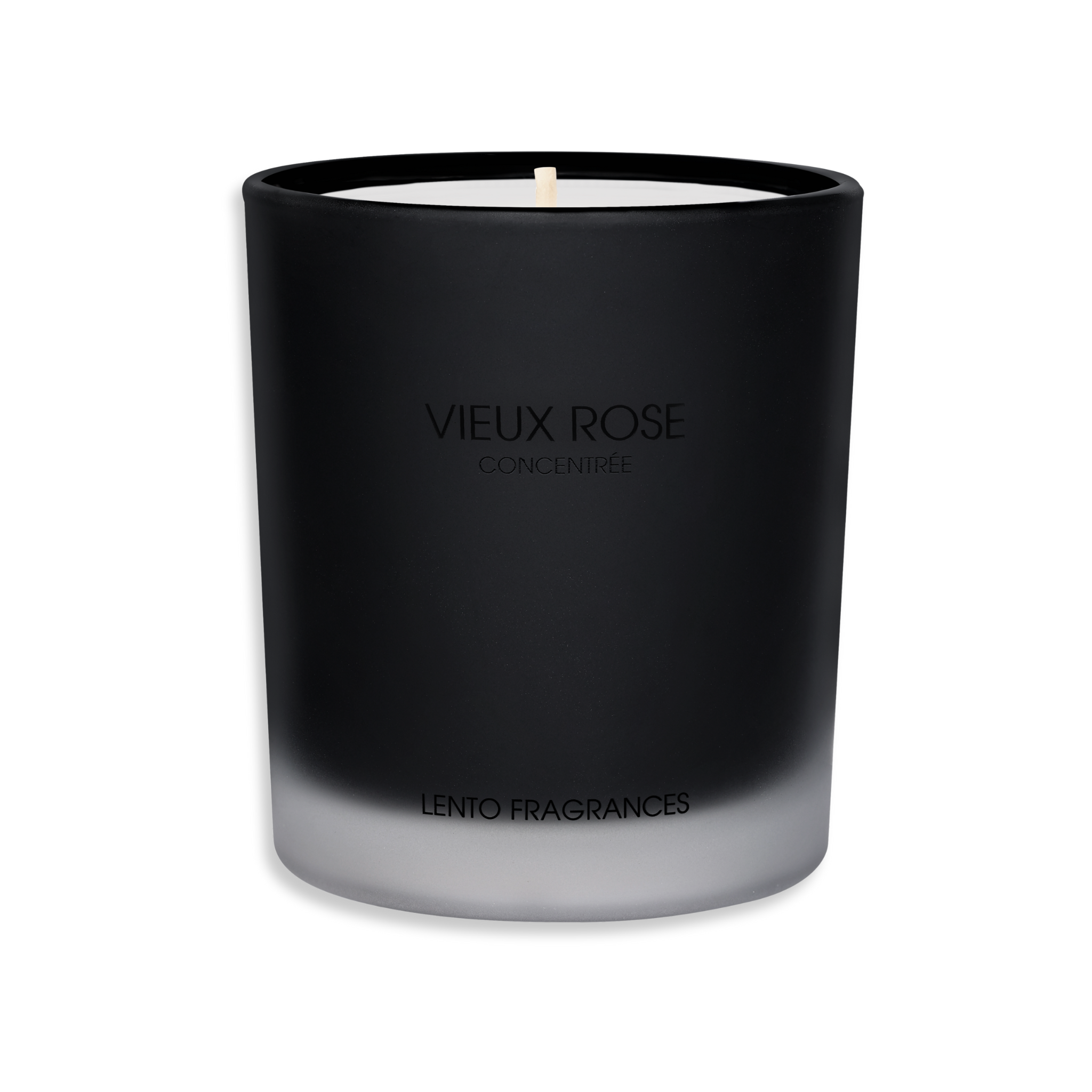 Luxury candle by LENTO FRAGRANCES — VIEUX ROSE CONCENTRÉE, Hollywood’s Golden Age Collection, Black Sable matte glass vessel.