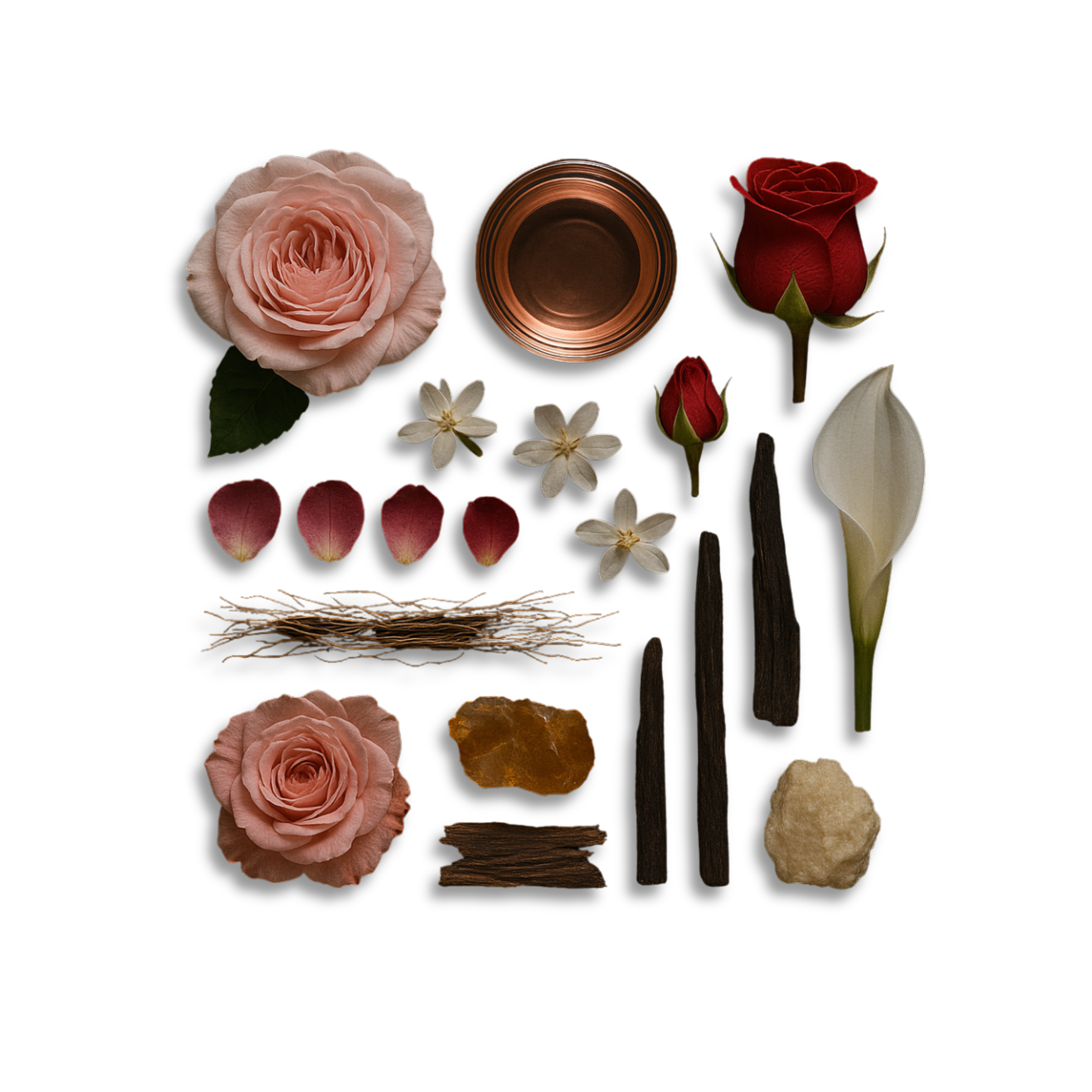 Ingredients of VIEUX ROSE by LENTO FRAGRANCES — damask rose, rosewater, red rose, vetiver, amber, agarwood, guaiac wood, and musk.