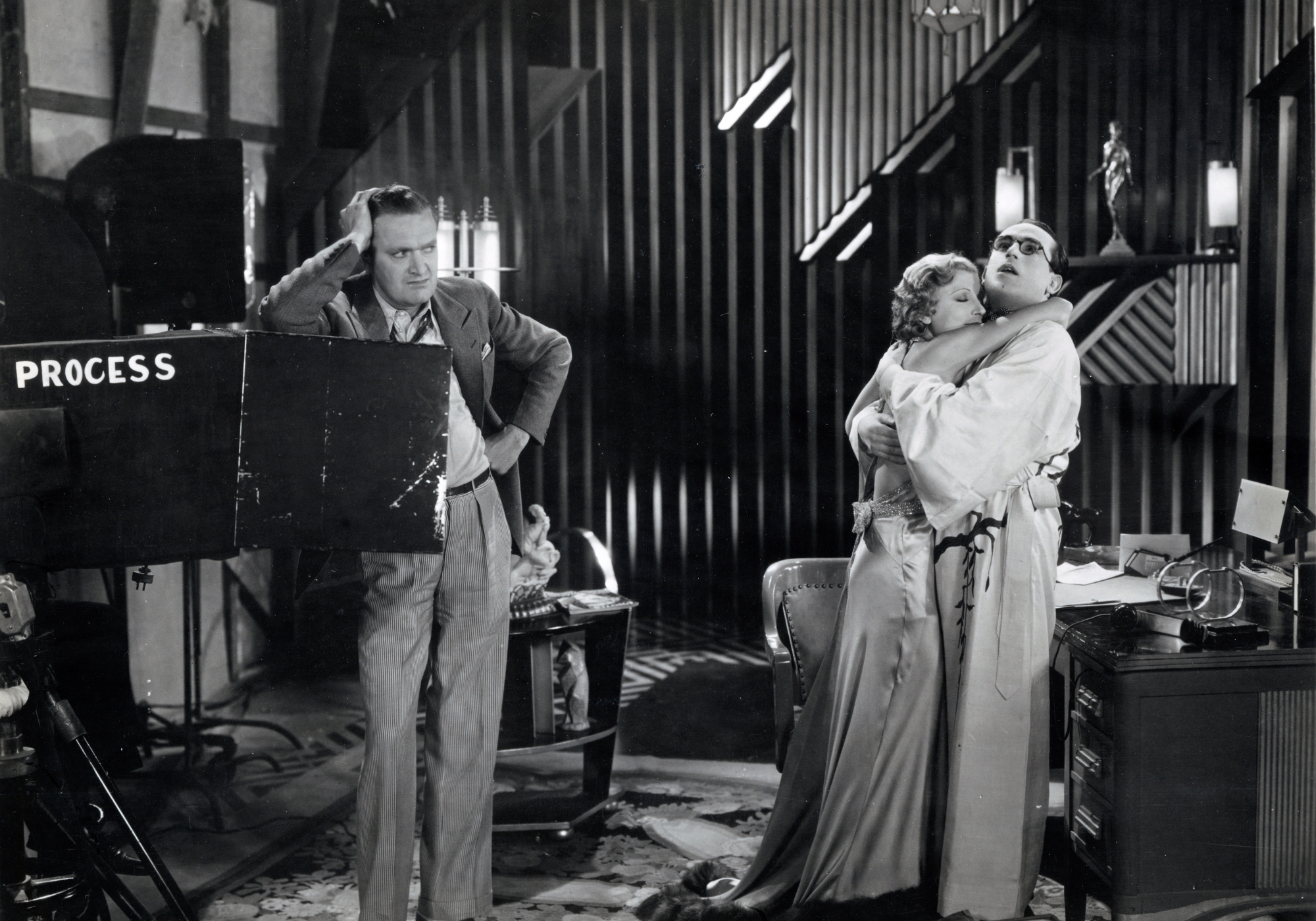 Harold Lloyd, Constance Cummings, and Kenneth Thomson on stage set in Movie Crazy, Los Angeles, 1932.